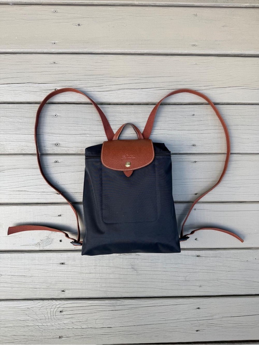 Longchamp Black Nylon Backpack with Brown Leather Accents